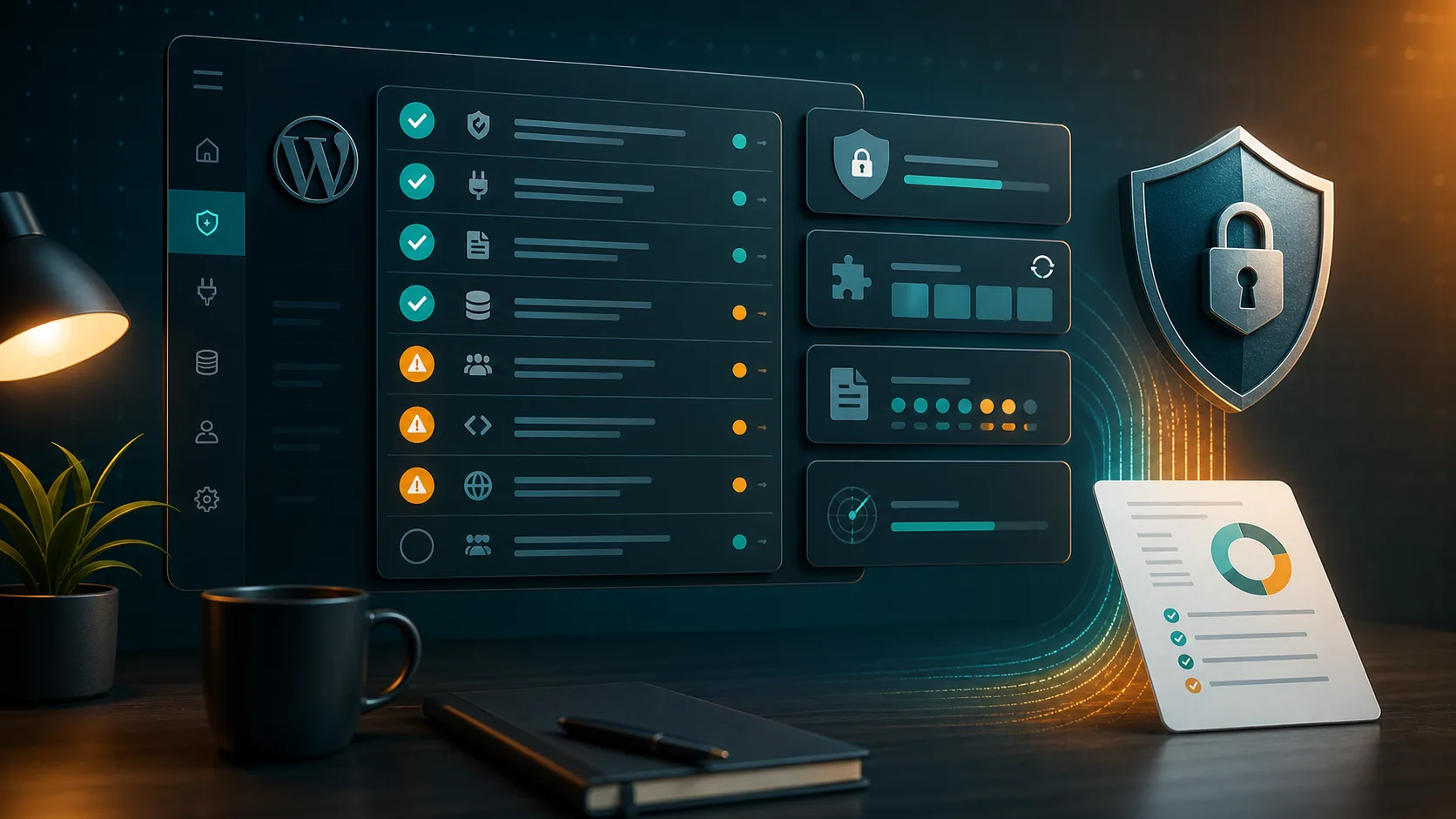 WordPress security checklist dashboard with audit checks, warning markers, and report cards